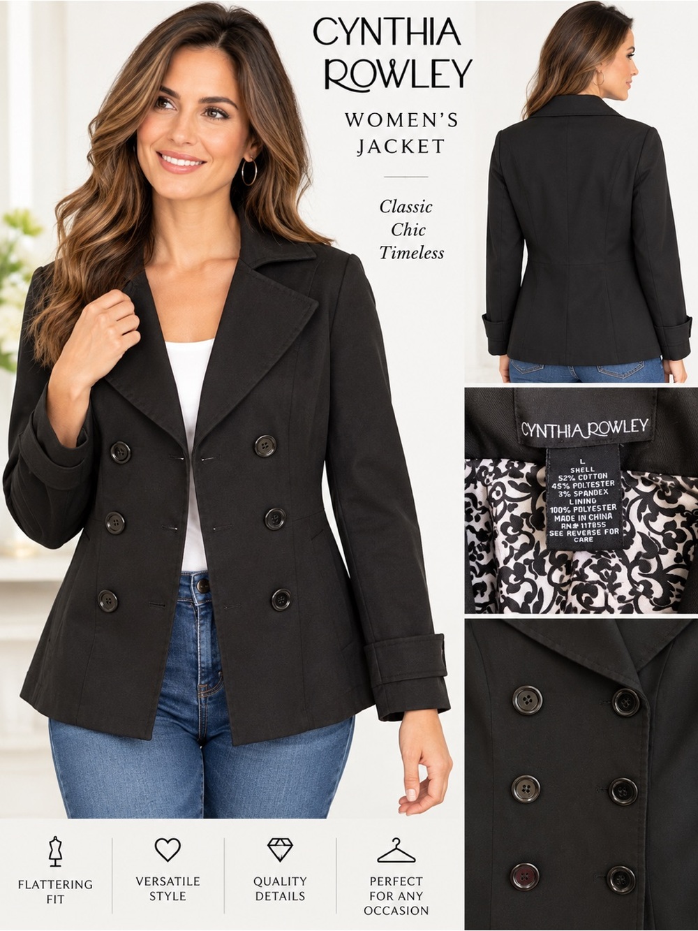 Cynthia Rowley Black Double-Breasted Pea Coat
